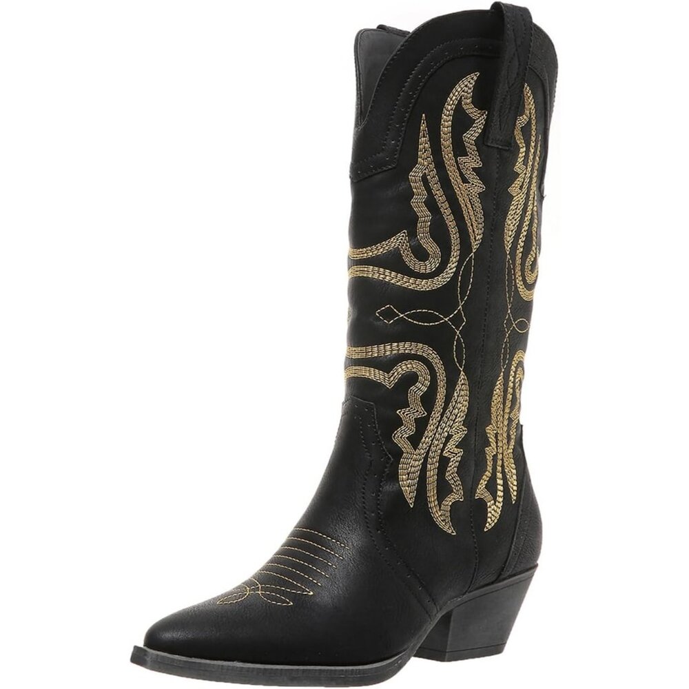 ⚡Women Black Synthetic Cowgirl Mid Calf Pointed Toe Chunky Block Heel Boots